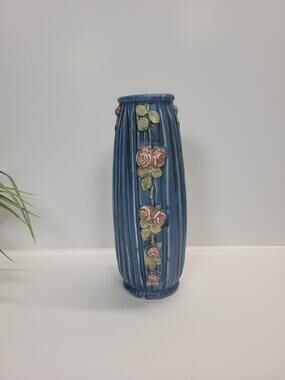 Antique Weller Pottery Blue Drapery 8" Vase Pink Roses Art Nouveau 1915 Vintage
